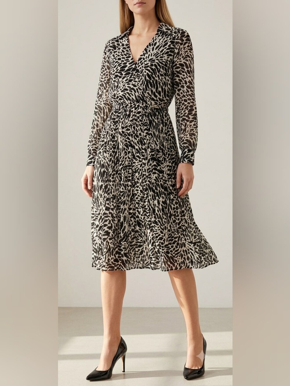 Michael Kors Black and White Animal Print Midi Dress, Size Small